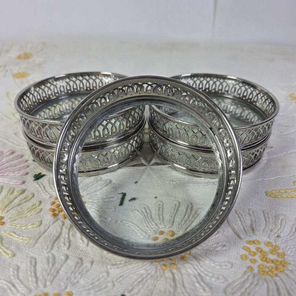 Vintage Manning Bowman MCM Glass Coasters Set of 5 Silverplate Starburst USA